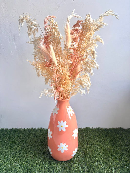 OK - Grote vaas lichtoranje met bloemen 
Kleuren: wit en lichtroze
H 48cm
€38,50
Voorraad: 1