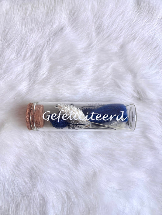 OK - Glazen buisje met kurk
witte en blauwe droogbloemen
Tekst: gefeliciteerd wit
B 10cm 
D 3cm
Prijs: €5,50
Voorraad: 1