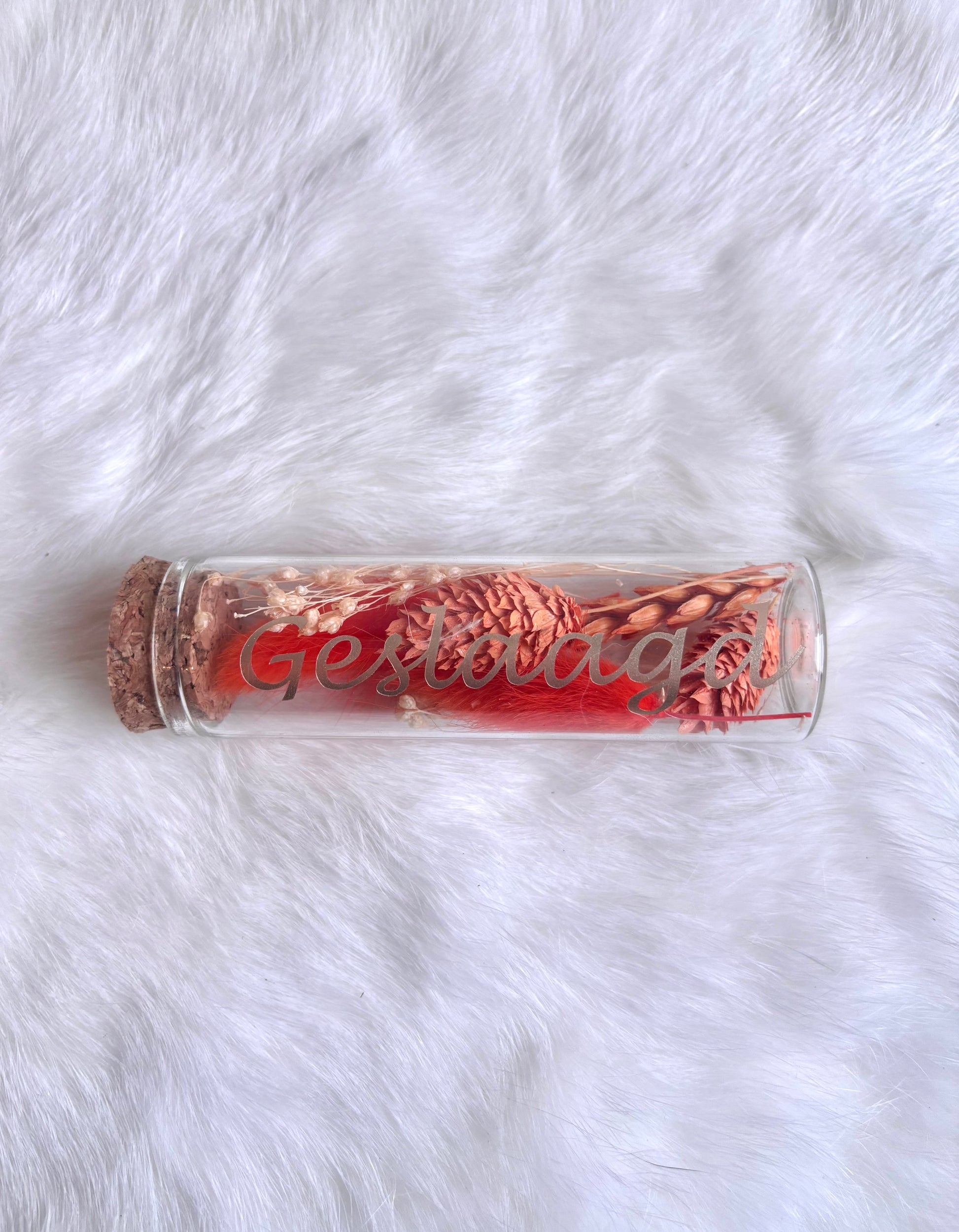 OK - Glazen buisje met kurk
flut oranje en lichtoranje droogbloemen
Tekst: geslaagd goud
B 10cm 
D 3cm
Prijs: €5,50
Voorraad: 1