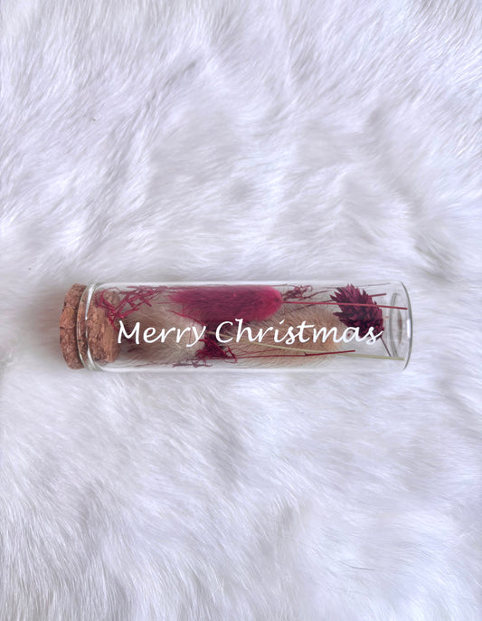 OK - Glazen buisje met kurk
beige en rode droogbloemen
Tekst: merry Christmas wit
B 10cm 
D 3cm
Prijs: €5,50
Voorraad: 1
